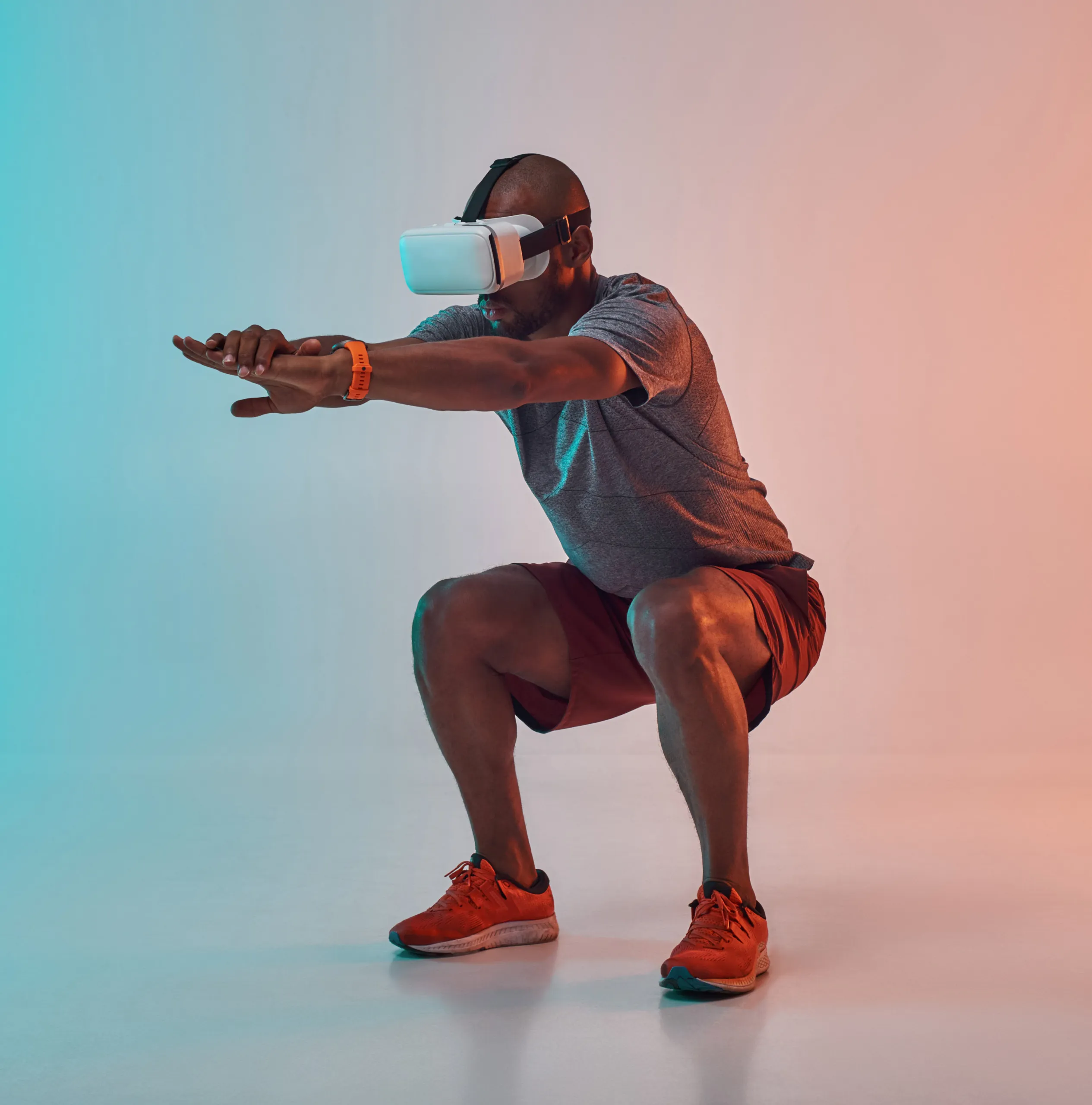 Person wearing a VR headset holding a squat with arms extended